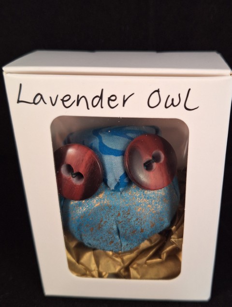 Aberlady Lavender Owl in box (teal/gold body)